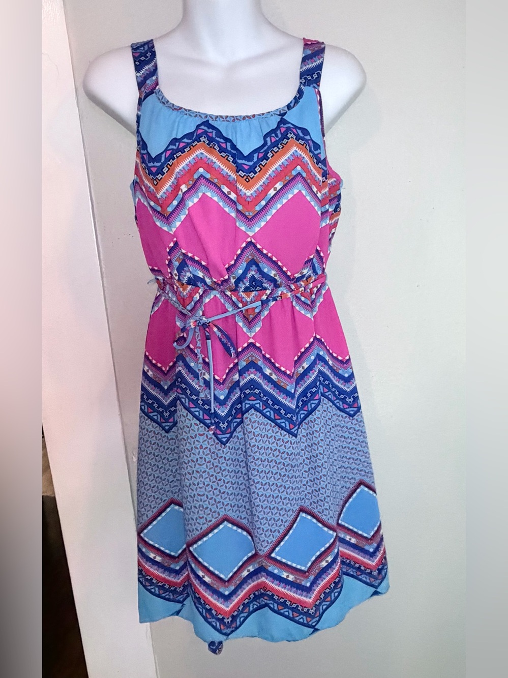 Paper Doll Blue Pink Geometric print dress Youth 16